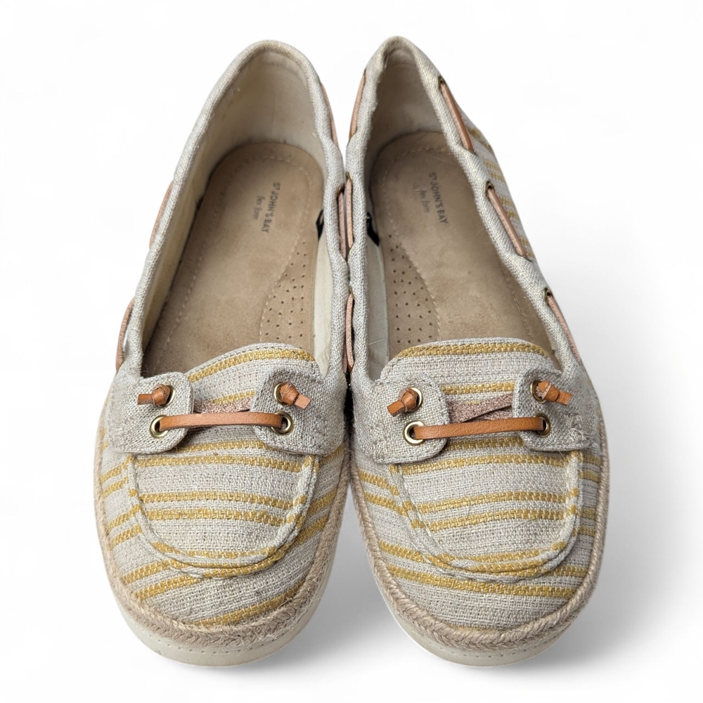 St Johns Bay Shoe Women's 10 Slip On Deck Boat Loafer Comfort Beige Gold Stripe